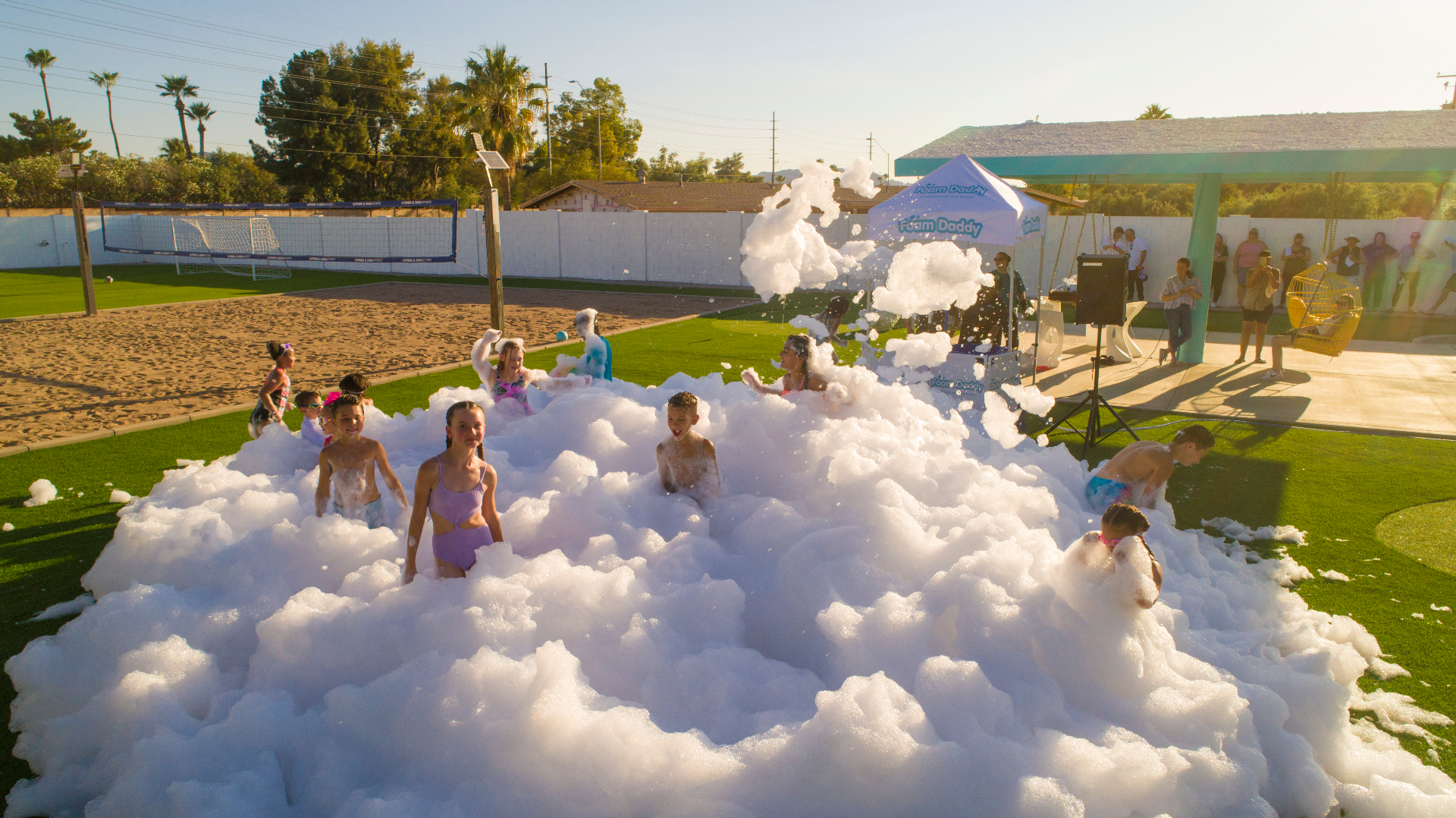 Aerial view of a foam party - Foam Fiesta foam party rentals Miami, FL